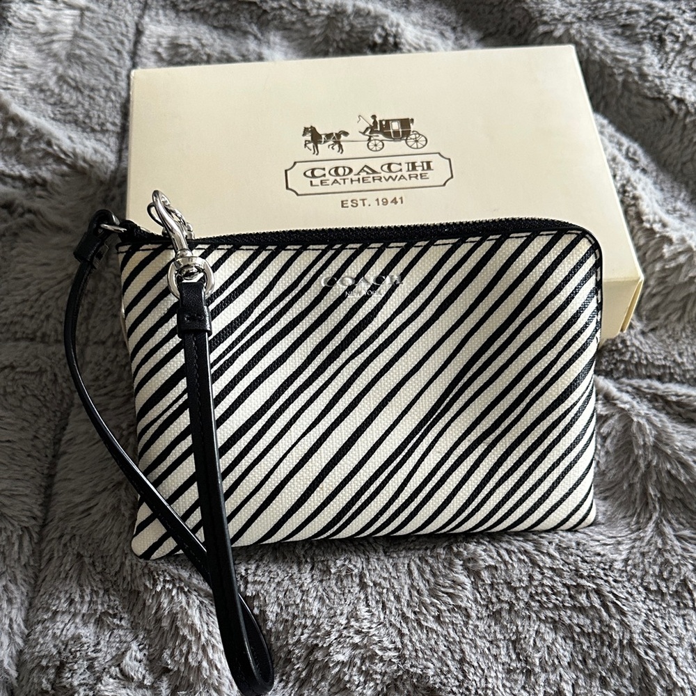 Coach Black & White Diagonal Stripe Wristlet